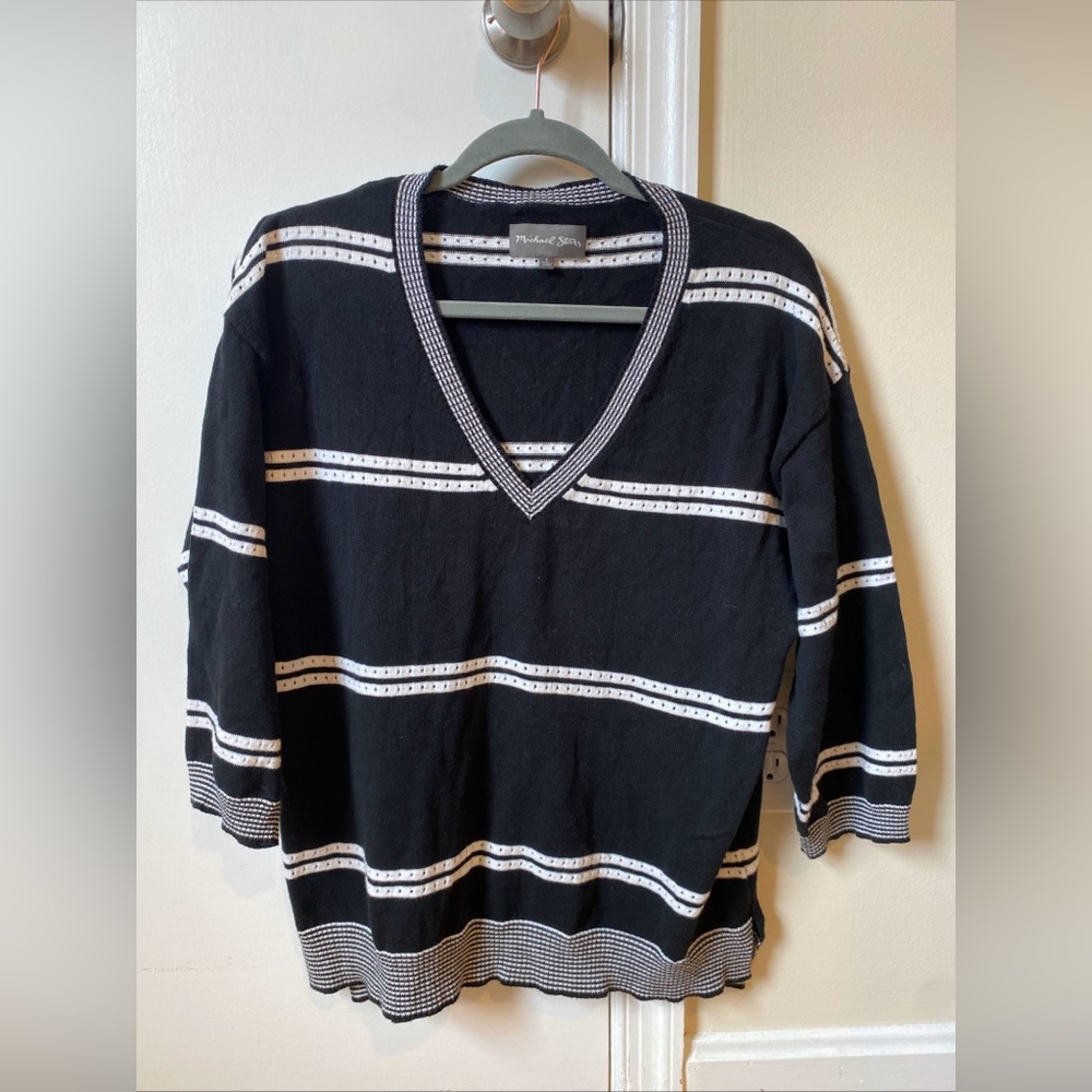 Michael Stars black and white striped cotton V-neck sweater size L